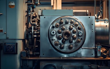 Poster - A close-up view of intricate machinery showcasing gears and components, highlighting the complexity and precision of industrial processes in a modern workshop environment.