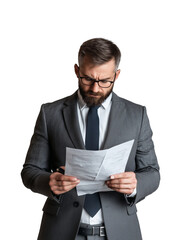 Poster - man in formal suit and glasses reviews financial report with focused expression, isolated on transparency background