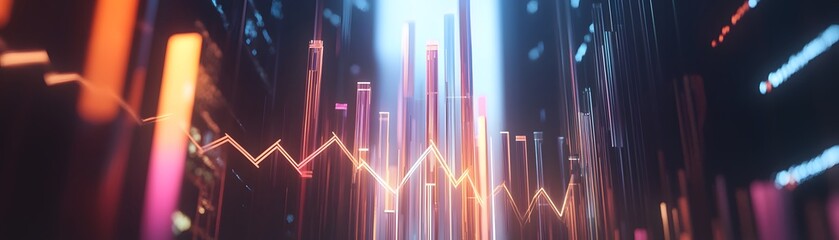 Fototapete - A futuristic abstract representation of data visualization. Bright neon colors and geometric shapes create a dynamic and engaging atmosphere, perfect for digital and tech themes.