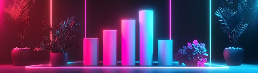 Poster - A modern, vibrant scene featuring colorful bar graphs under neon lights, with decorative plants accentuating the digital workspace atmosphere, ideal for financial and marketing the