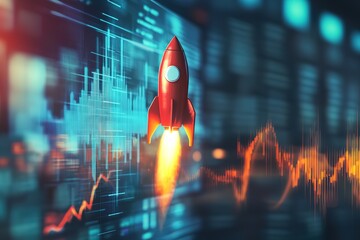 Poster - Red rocket launching over a blurred financial chart background, symbolizing business growth and startup success.HD image
