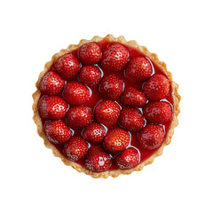Poster - top view of strawberry tart on round porcelain plate, featuring fresh strawberries and glossy glaze, perfect for dessert lovers