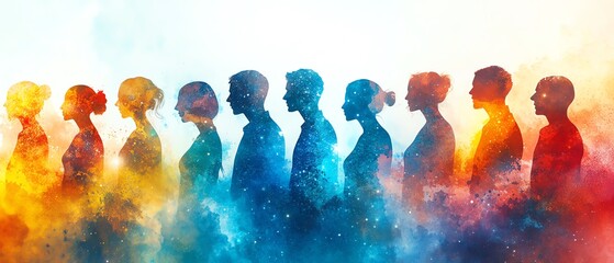 Poster - Human silhouette filled with vibrant, abstract shapes and figures, symbolizing the connection and unity among diverse individuals, light, soft background, harmony theme