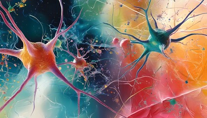 Poster - A vibrant abstract representation of neurons, showcasing colorful neural connections and synapses. This artistic depiction highlights the complexity of the human brain.