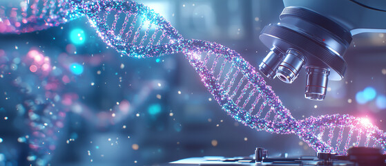 Aufkleber - glowing holographic DNA strand under microscope in futuristic laboratory, symbolizing advanced genetic research and biotechnology innovation