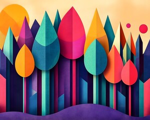 Poster - A vibrant digital illustration of stylized trees featuring bold colors and geometric shapes, creating an abstract representation of a forest landscape at sunset.