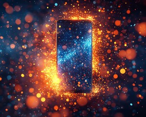 Aufkleber - Smartphone surrounded by an explosion of vibrant blue and orange light effects