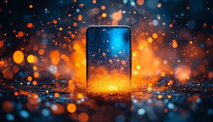 Aufkleber - Vibrant explosion of blue and orange light effects surrounding a smartphone, digital art abstract patterns, bokeh blur, capturing creativity and modern technology concept
