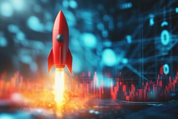 Poster - Red rocket launching over a blurred financial chart background, symbolizing business growth and startup success.HD image