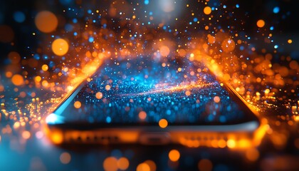 Aufkleber - Vibrant explosion of blue and orange light effects surrounding a smartphone, digital art abstract patterns, bokeh blur, capturing creativity and modern technology concept