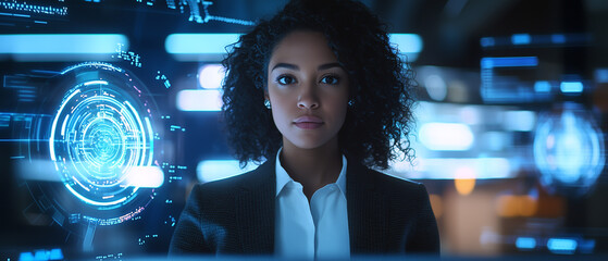 Aufkleber - confident businesswoman stands in futuristic control room surrounded by glowing holographic interfaces, showcasing advanced technology and innovation