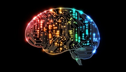 Poster - A brain intertwined with bright digital circuitry patterns