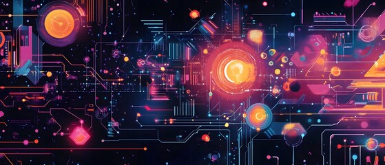 Poster - An abstract illustration showcasing vibrant digital circuits and colorful energy orbs, representing advanced technology and innovation in a futuristic landscape.