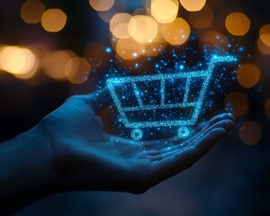 Poster - A glowing blue digital shopping cart icon in a hand, dark background with bokeh lights, representing the future of retail and the technological advancements in ecommerce