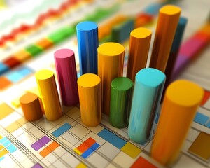 Poster - This colorful bar graph illustrates data trends and analysis with vibrant cylinders on a dynamic background. Perfect for presentations, reports, and statistics.