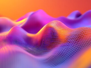 Poster - Vibrant abstract digital landscape showcasing flowing waves in shades of purple and orange, perfect for modern design, artistic projects, and digital backgrounds.