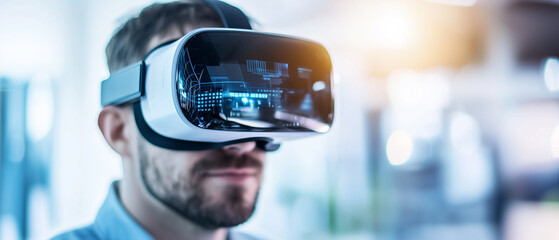 Poster - Close up of man wearing VR headset, immersed in virtual environment with futuristic digital elements and blurred background, evoking innovation and technology