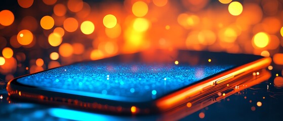 Fototapete - A smartphone glowing in vibrant blue and orange tones, with light effects and abstract digital patterns, bokeh background, capturing creativity, modern tech, and innovation