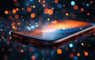 Aufkleber - A smartphone with dynamic light effects and vibrant colors, blue and orange hues blending, abstract patterns and bokeh, symbolizing creativity and the power of modern technology