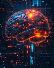 Poster - Abstract brain illuminated by vibrant, colorful circuitry patterns, dark background, representing the fusion of technology, intellect, and digital networks