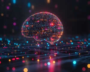 Fototapete - Abstract brain with colorful digital circuitry patterns, dark backdrop, representing the connection between human cognition, technology, and digital networks