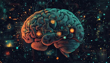 Aufkleber - Brain intertwined with intricate, colorful circuitry designs on a dark background, symbolizing the synergy of human intellect and technological advancements in a digital world