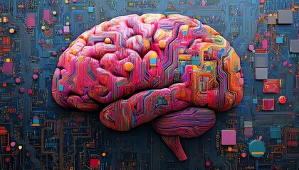 Poster - Brain intertwined with intricate, colorful circuitry designs on a dark background, symbolizing the synergy of human intellect and technological advancements in a digital world