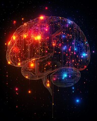 Poster - Brain shape composed of colorful digital circuitry and abstract patterns, dark background, representing the fusion of human intellect with technology and digital networks
