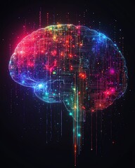 Poster - Brain shape composed of colorful digital circuitry and abstract patterns, dark background, representing the fusion of human intellect with technology and digital networks
