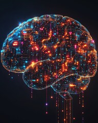 Poster - Brain shape composed of colorful digital circuitry and abstract patterns, dark background, representing the fusion of human intellect with technology and digital networks