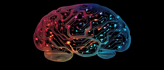 Poster - Colorful brain with digital circuitry patterns flowing through it, dark background, showcasing the connection between human intellect and cuttingedge technology