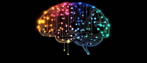 Poster - Colorful brain with digital circuitry patterns flowing through it, dark background, showcasing the connection between human intellect and cuttingedge technology