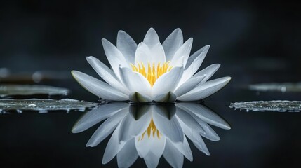 A pristine white water lily floats serenely on dark water, its reflection mirroring its beauty.