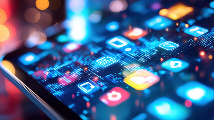 Wall Mural - Technology Digital screen displaying apps, bright and abstract
