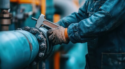 Wall Mural - A man is working on a pipe with a wrench