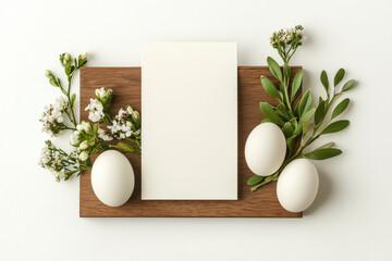 Wall Mural - Minimalist postcard with eggs and flowers on wooden board