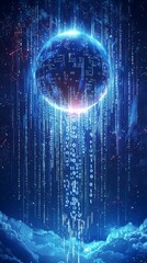 digital planet: a mesmerizing digital art piece depicting a glowing blue planet, emanating streams o