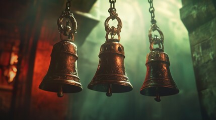 Wall Mural - Ancient Bells in a Temple: A Study in Bronze and Faith