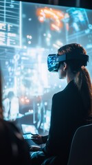 Poster - Virtual Reality Immersion: A woman engrossed in a virtual reality experience, her face obscured by the headset, sits before a large screen displaying dynamic data visualizations.