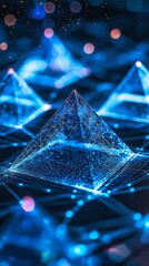 Poster - Glowing Pyramids of Data: Abstract pyramids of light and data pulse with vibrant blue energy, interconnected by a complex network of glowing lines.