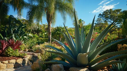 Wall Mural - A Lush Tropical Garden with an Aloe Vera Plant in Focus