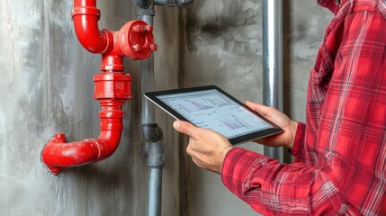 Wall Mural - A man is holding a tablet and looking at a red pipe