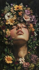 Poster - Serene Woman with Floral Crown: A Dreamlike Portrait