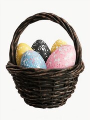 Wall Mural - Png Set Easter eggs in a black basket transparent background