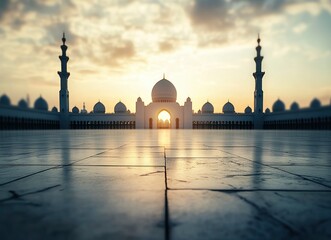 Wall Mural - A blurred background of an empty square in front of the silhouette of mosque buildings during sunset, with space for product display or presentation design elements. The sky is filled with soft clouds