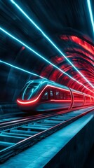 Poster - High-Speed Rail Through Neon Tunnel: A futuristic high-speed train streaks through a vibrant neon-lit tunnel, a dynamic display of speed, technology, and modern transportation.