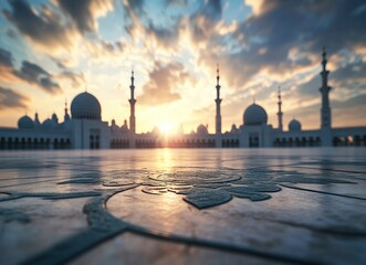 Wall Mural - A blurred background of an empty square with the silhouette of mosque buildings in the foreground, creating space for product display or presentation. The sky is filled with clouds, and sun rays are