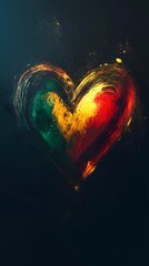 Sticker - A heart-shaped gradient made of red, green, and yellow colors on a black background; happy 420 reggae day love