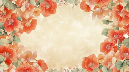 Aufkleber - Floral frame with soft peach blossoms and leaves on a light beige background.