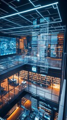 Poster - Digital Frontier: Captivating view of a futuristic architectural interior, featuring a multi-level structure filled with advanced technology and interconnected network.